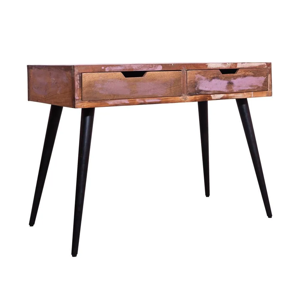 43 Inch 2 Drawer Reclaimed Wood Console Table, Angled Legs, Multi Tone Pastel Accent, Brown, Black By The Urban Port