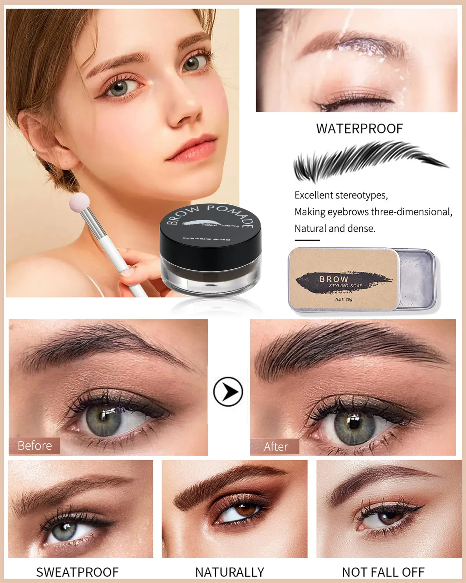 Eyebrow Stamp and Eyebrow Stencil Kit- 16in1 Waterproof Brow Cream Gel Stamping & Eyebrow Seting Wax Glue with Brow Tool,Brow Filler Brow Pomade Stamp Trio Kit, Eye Makeup for Women Girl-Light Brown